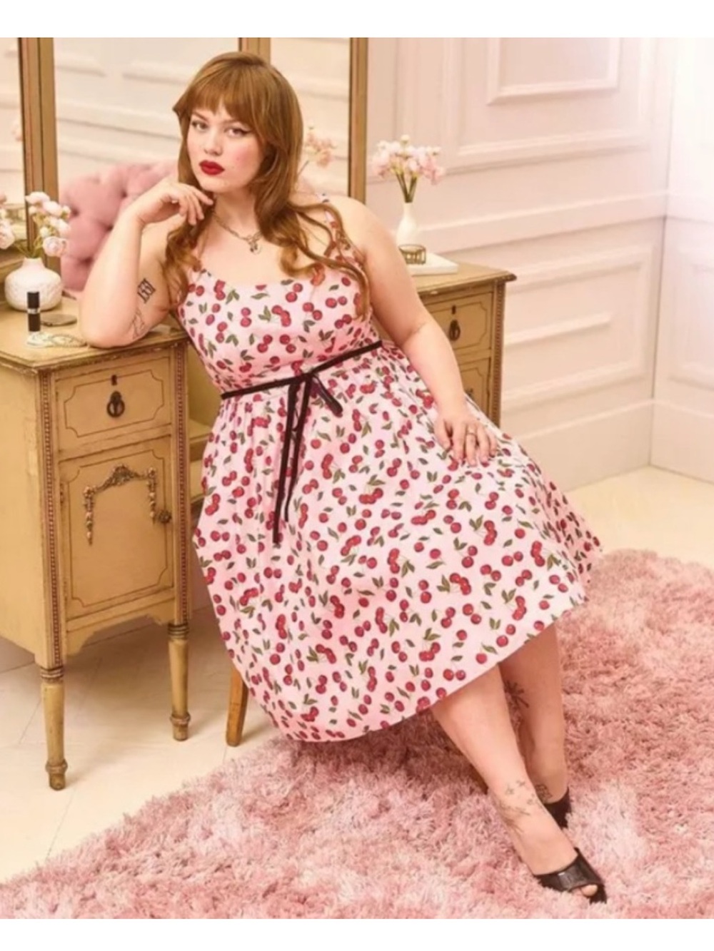 Pink Cherry Print A-Line Dress with Black Waist Tie